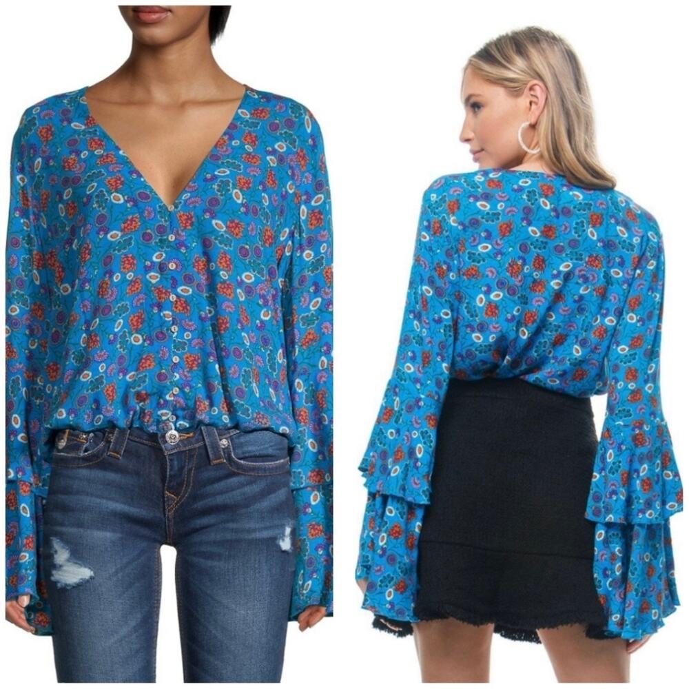 Free People She's Dainty Floral Bodysuit Women's XS Blue Ruffle Sleeves